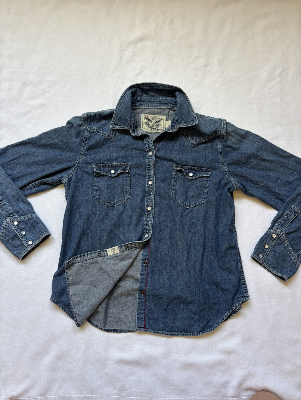 American living lightweight denim pearl snap size large